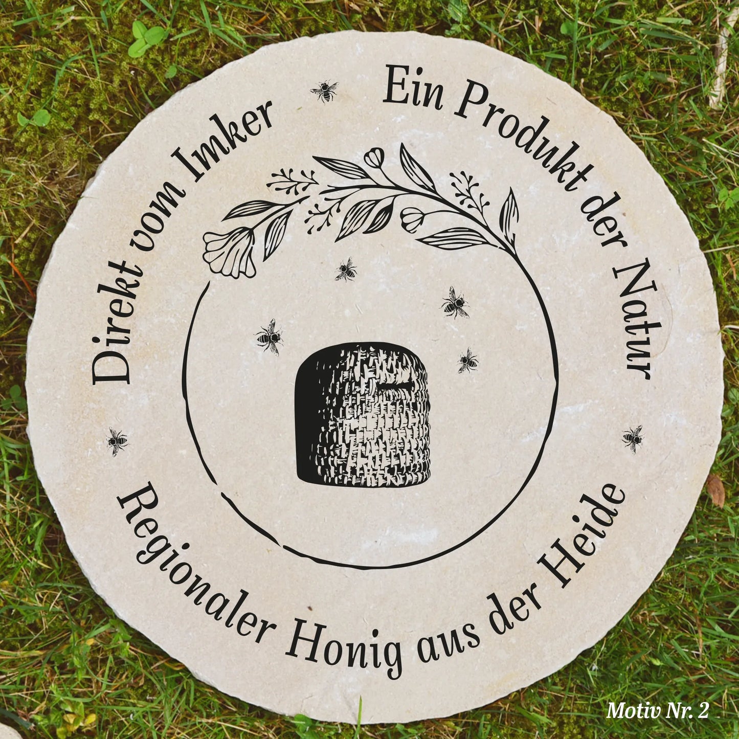 Imkerei-Schild aus Sandstein ø 30 cm – personalisiertes Bienenhonigmotiv - Jeske Design