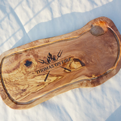 ON FIRE - personalized engraving on an olive wood board