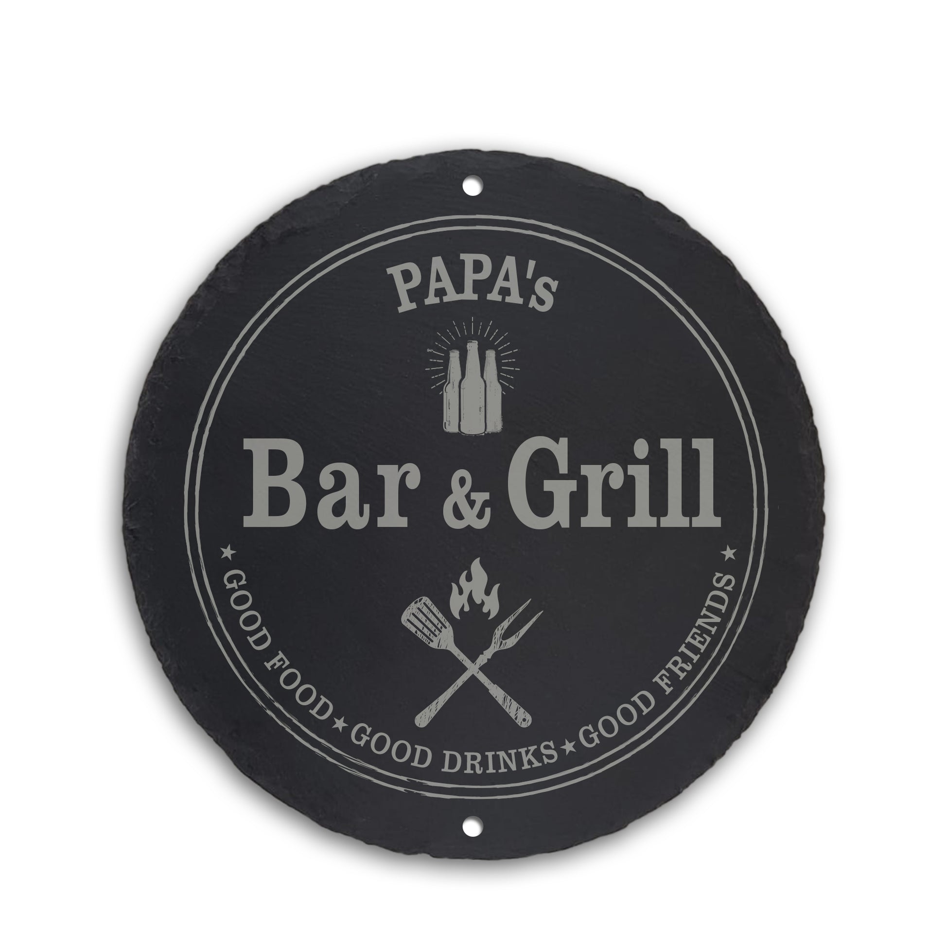 Personalisiertes rundes Schieferschild Bar & Grill zwei Loch oben unten