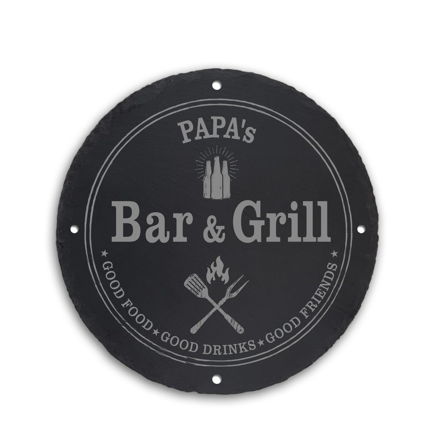 Personalisiertes rundes Schieferschild Bar & Grill vier Loch