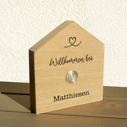 Holz Klingelschild aus EICHE in Hausform I personalisiertes Motiv