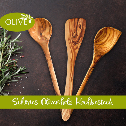 Küchenhelfer-Set Kochlöffel mit Ecke Pfannenwender 3tlg aus Olivenholz