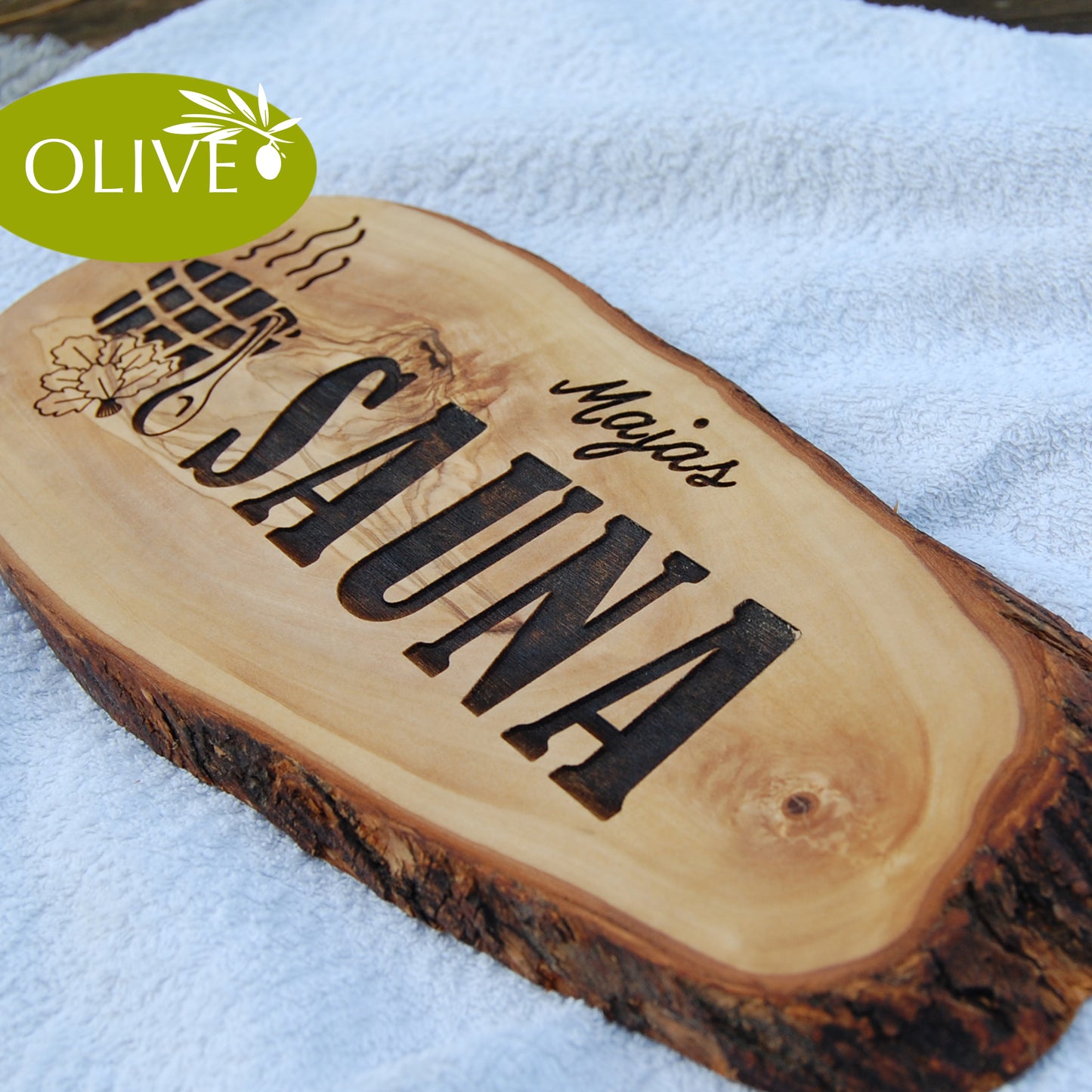 SAUNA - personalisiertes Holzschild aus Olivenholz Baumschnitt