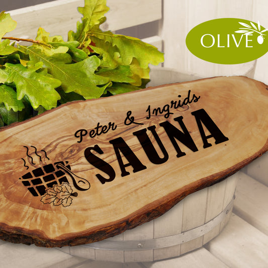 SAUNA - personalisiertes Holzschild aus Olivenholz Baumschnitt