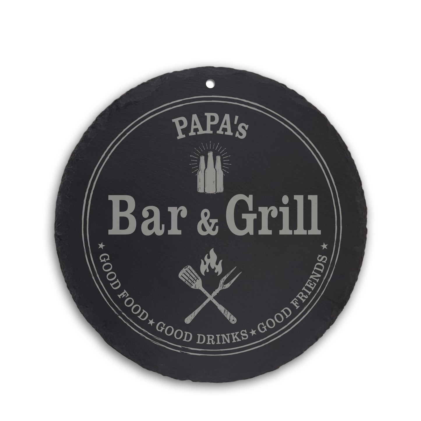 Personalisiertes_rundes_Schieferschild_Bar_Grill_ein_Loch_oben