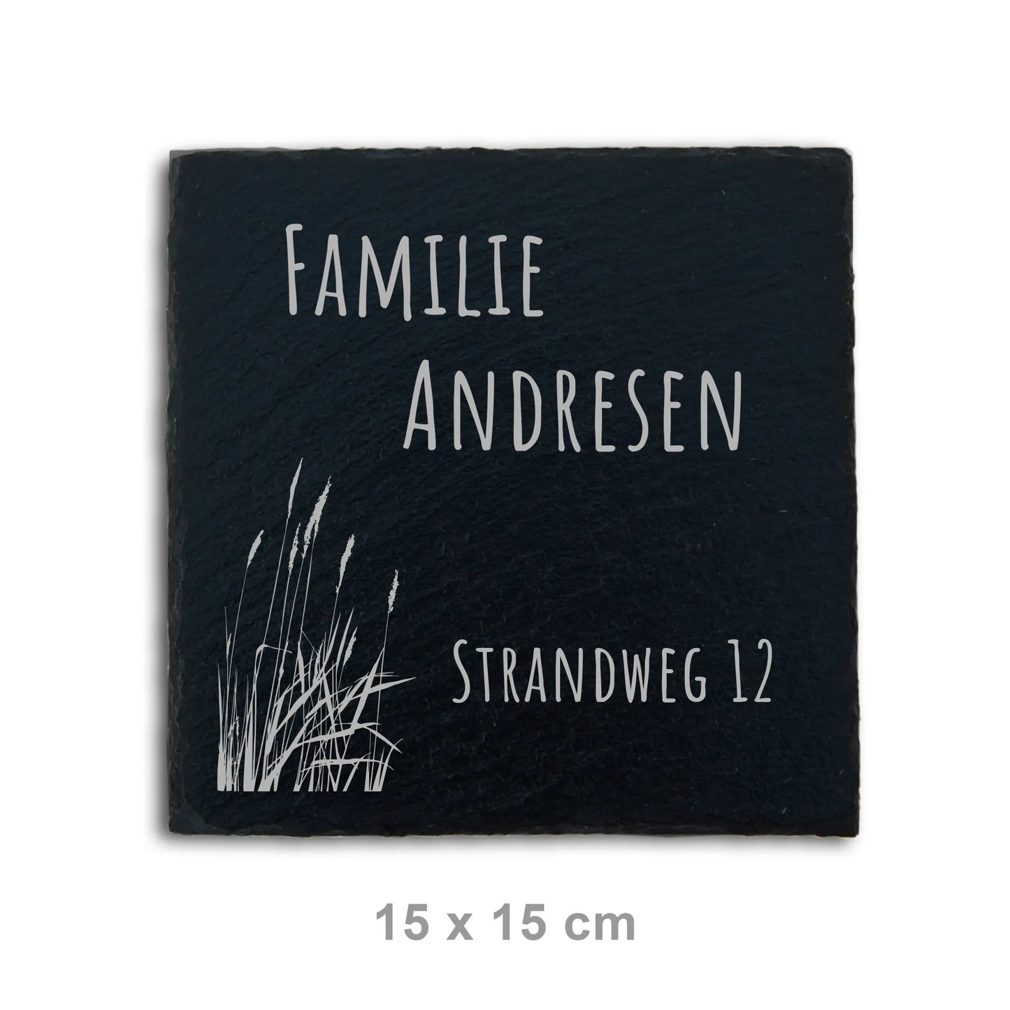 Personalisiertes Tür- und Namensschild 15 x 15 cm aus Schiefer mit dem Motiv Strandgras und einer modernen Handschrift