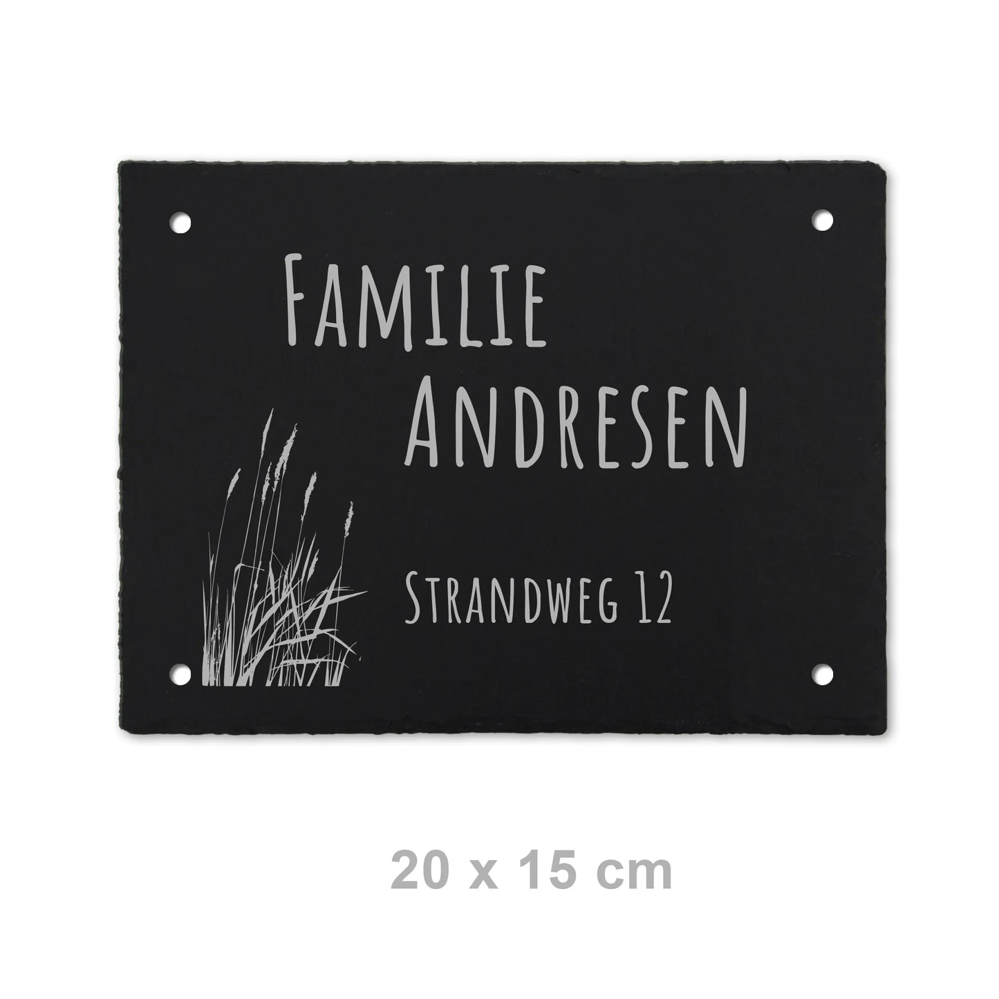 Personalisiertes Tür- und Namensschild 20 x 15 cm aus Schiefer mit dem Motiv Strandgras und einer modernen Handschrift