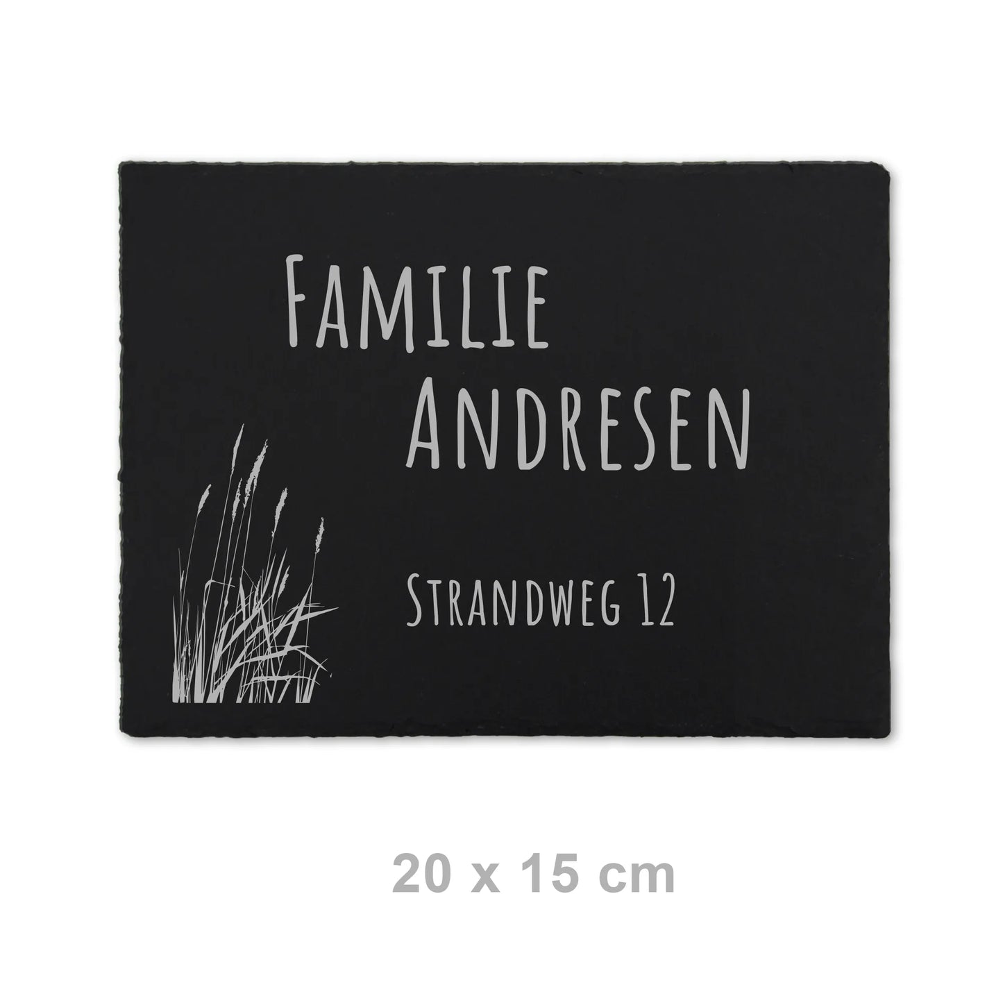 Personalisiertes Tür- und Namensschild 20 x 15 cm aus Schiefer mit dem Motiv Strandgras und einer modernen Handschrift