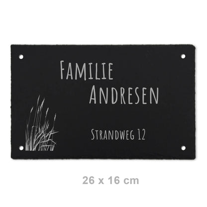 Personalisiertes Tür- und Namensschild 26 x 16 cm aus Schiefer mit dem Motiv Strandgras und einer modernen Handschrift