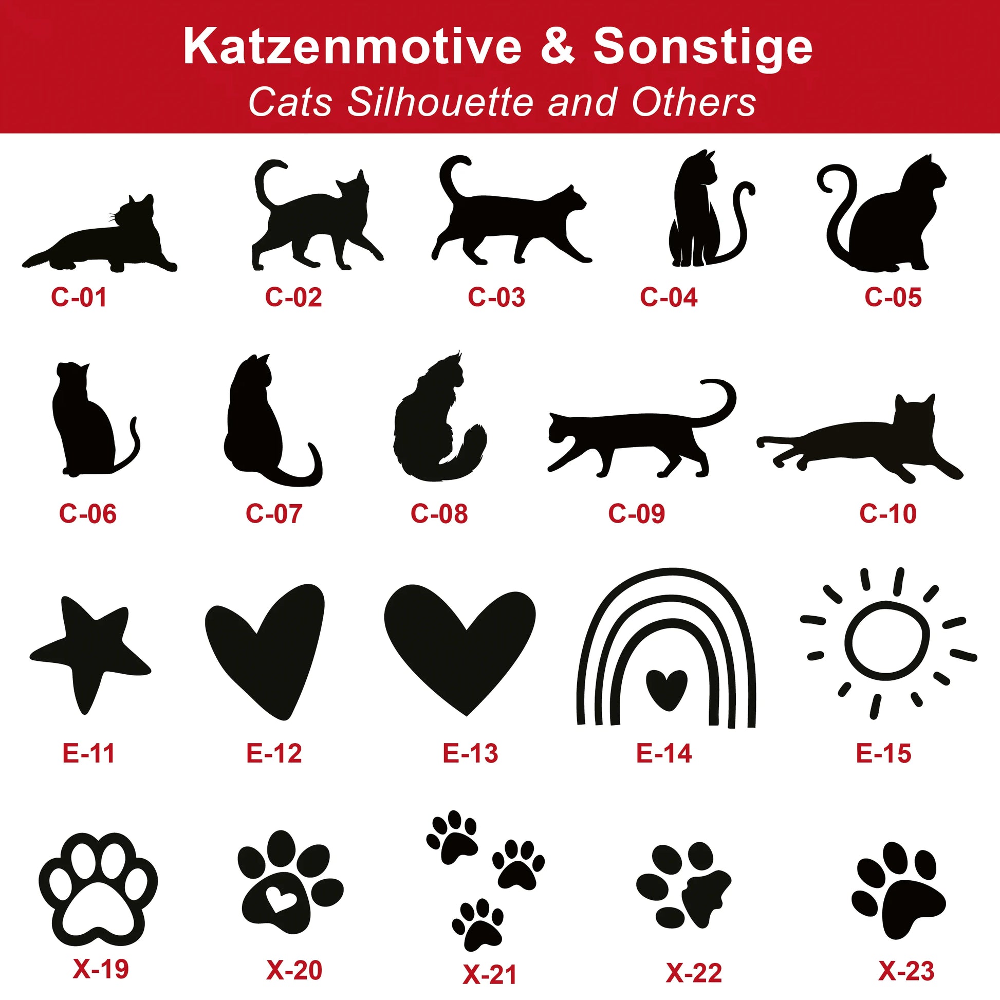 Auswahl der Gravurmotive wie Katzensilhouette, Herzen, Stern, Pfote, Regenbogen für Grabstein Gedenkstein für Hund und Katze