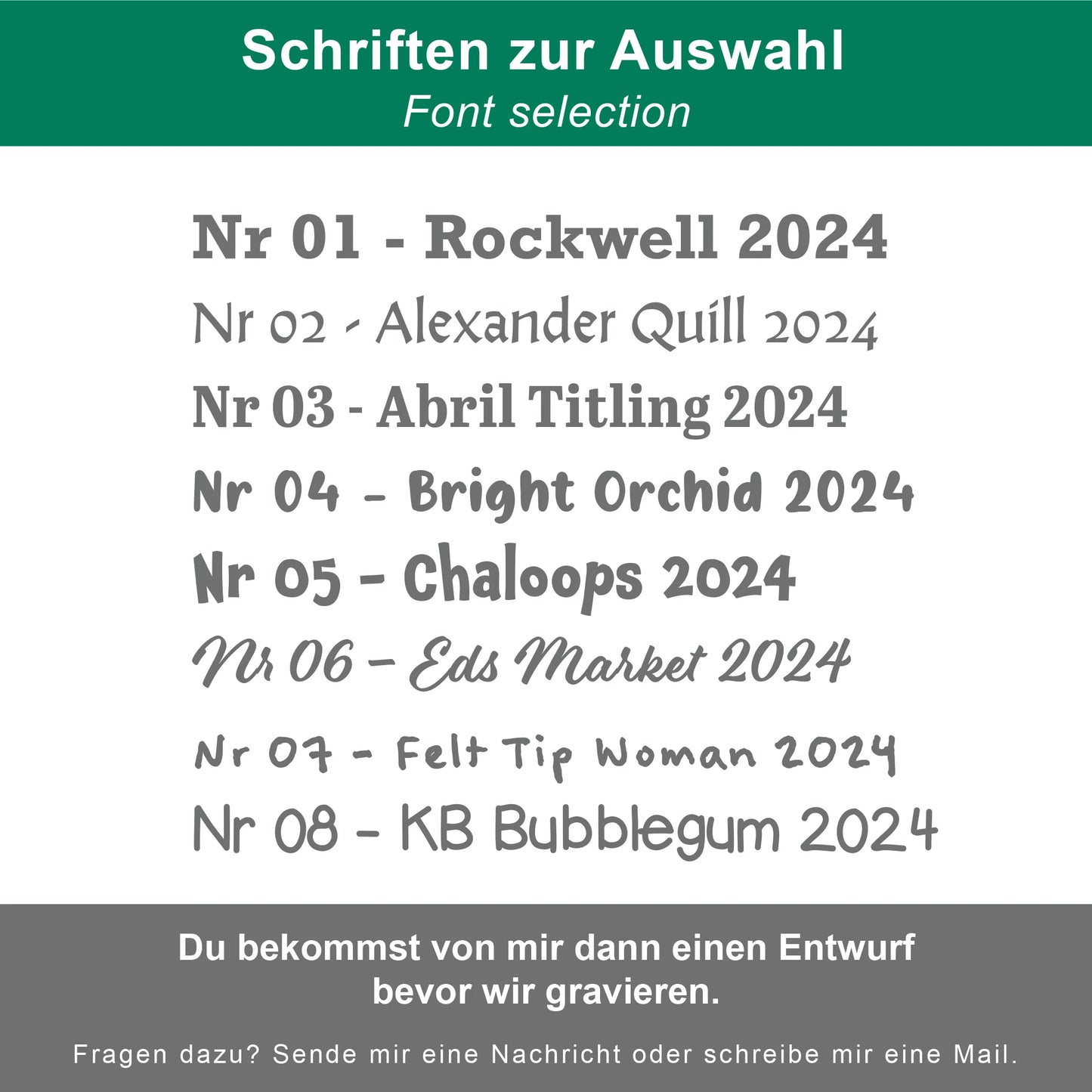 Auswahl der Schriften für die Natursteine als Grabstein oder Gedenkstein für Hunde und Katzen