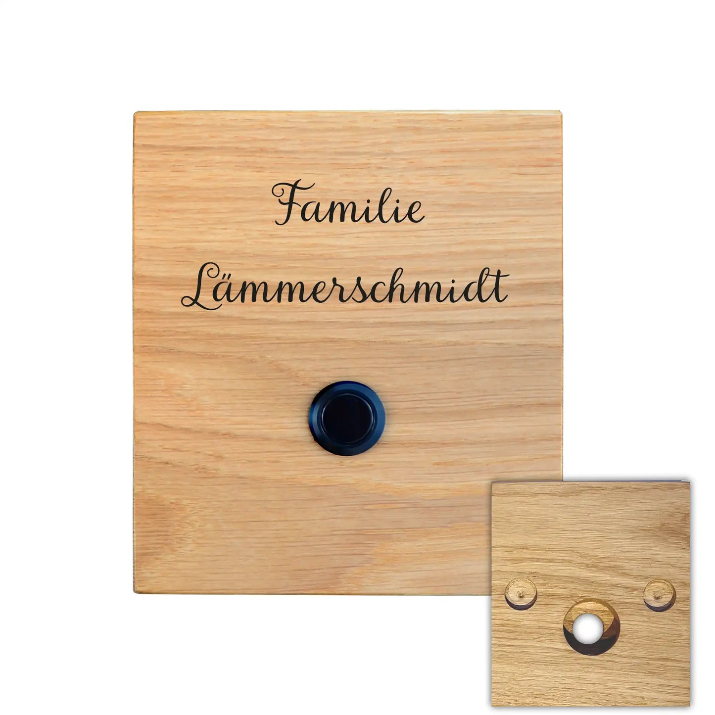 Klingelschild Motiv Lämmerschmidt aus edler Eiche mit Tasterauswahl unbeleuchterter Taster, LED-Taster oder schwarz-Aluminium-Taster in der Größe 12 x 14 cm oder 14 x 25 cm. Name wird per Laser in das Holz graviert. Schnörkel oder Schreibschrift