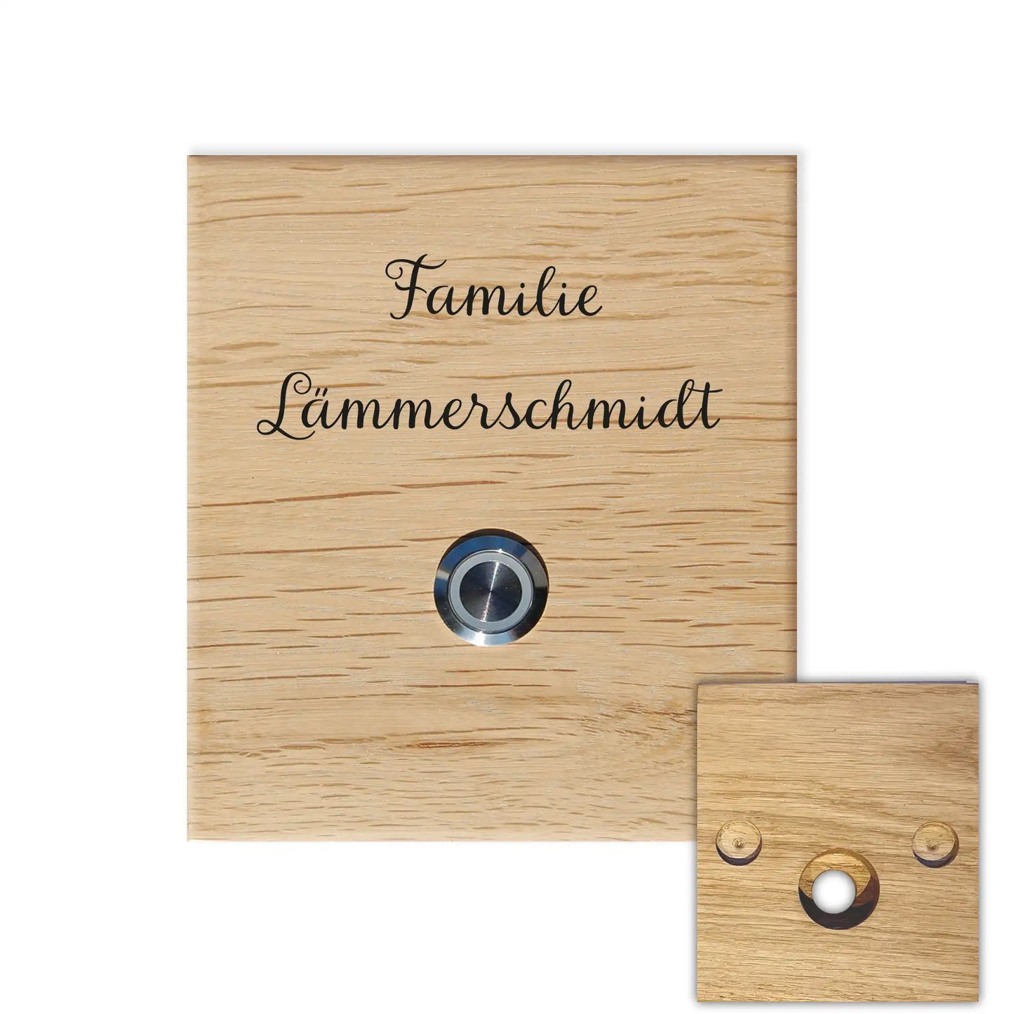 Klingelschild Motiv Lämmerschmidt aus edler Eiche mit Tasterauswahl unbeleuchterter Taster, LED-Taster oder schwarz-Aluminium-Taster in der Größe 12 x 14 cm oder 14 x 25 cm. Name wird per Laser in das Holz graviert. Schnörkel oder Schreibschrift