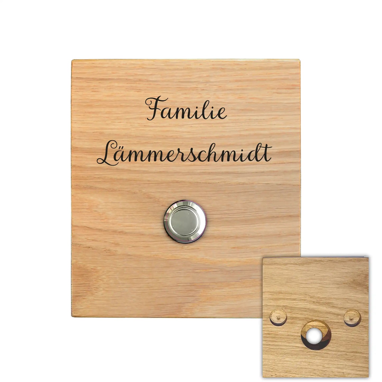 Klingelschild Motiv Lämmerschmidt aus edler Eiche mit Tasterauswahl unbeleuchterter Taster, LED-Taster oder schwarz-Aluminium-Taster in der Größe 12 x 14 cm oder 14 x 25 cm. Name wird per Laser in das Holz graviert. Schnörkel oder Schreibschrift