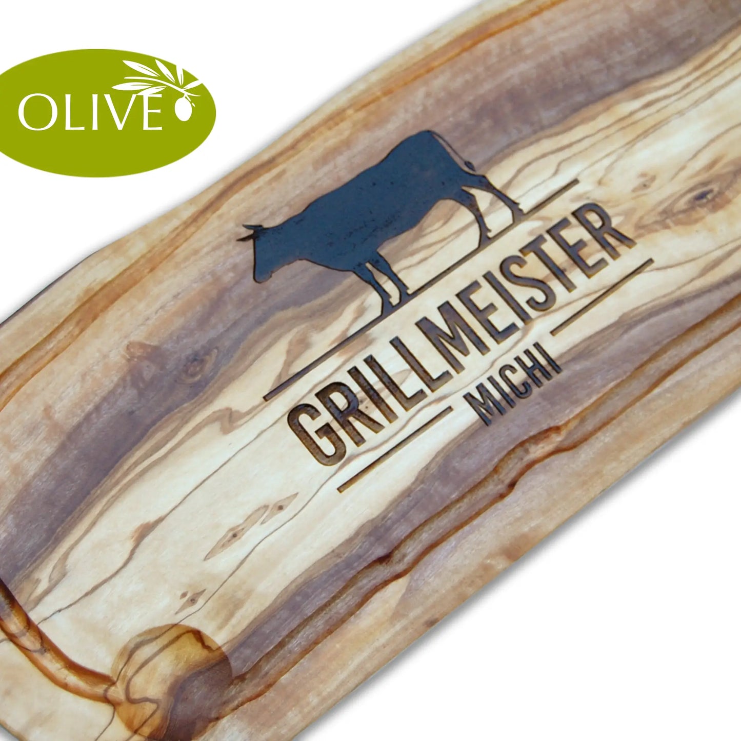 Schneide- und Tranchierbrett aus Olivenholz mit personalisierter Gravur BBQ-Motiv GRILLMEISTER und Abbild eines Rindes