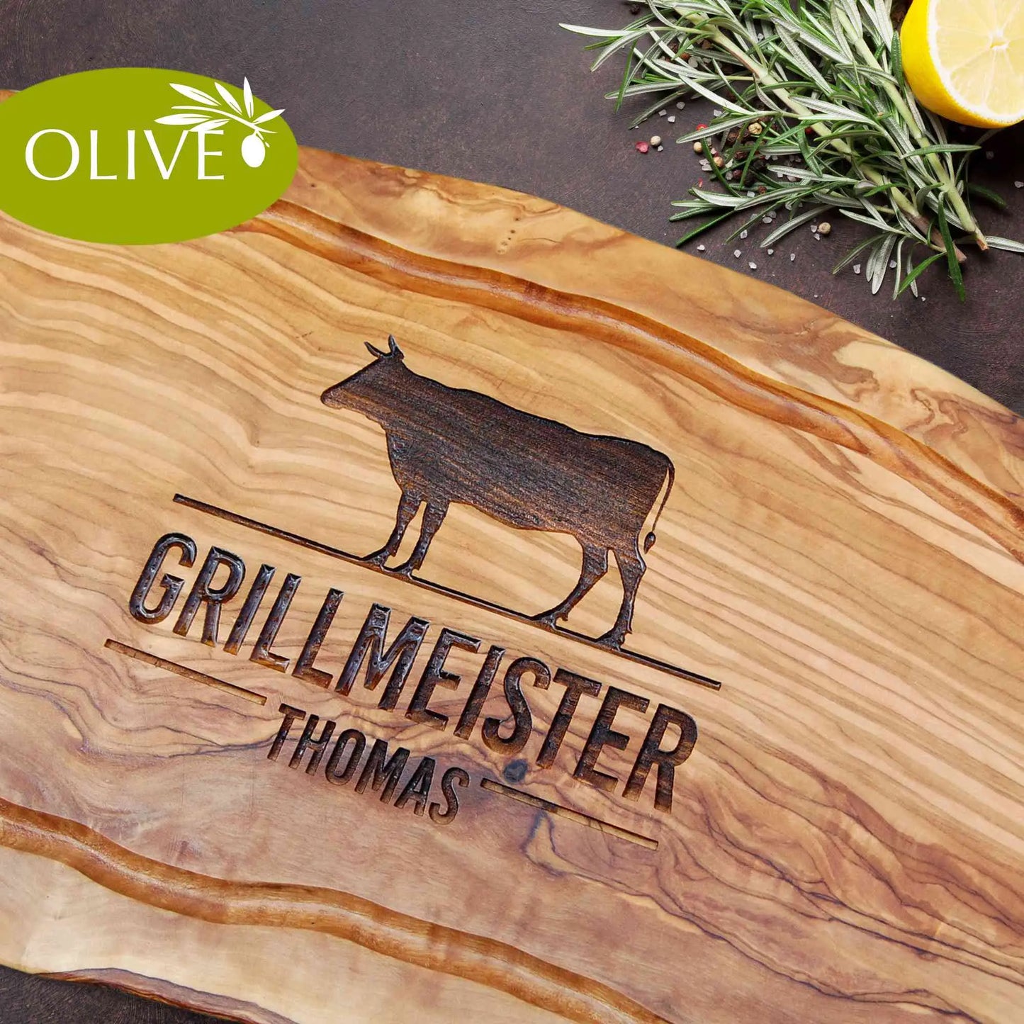 Schneide- und Tranchierbrett aus Olivenholz mit personalisierter Gravur BBQ-Motiv GRILLMEISTER und Abbild eines Rindes