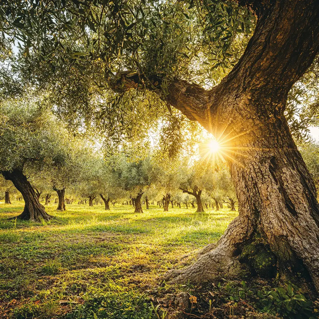 Olivenbaum Hain im Sonnenaufgang mit einem Olivenholzbaum im Vordergrund