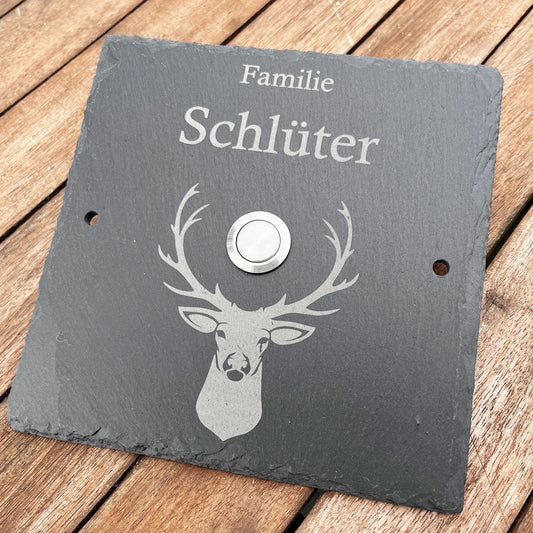 Personalisiertes Klingelschild aus Schiefer - Motiv HIRSCH - Jeske Design