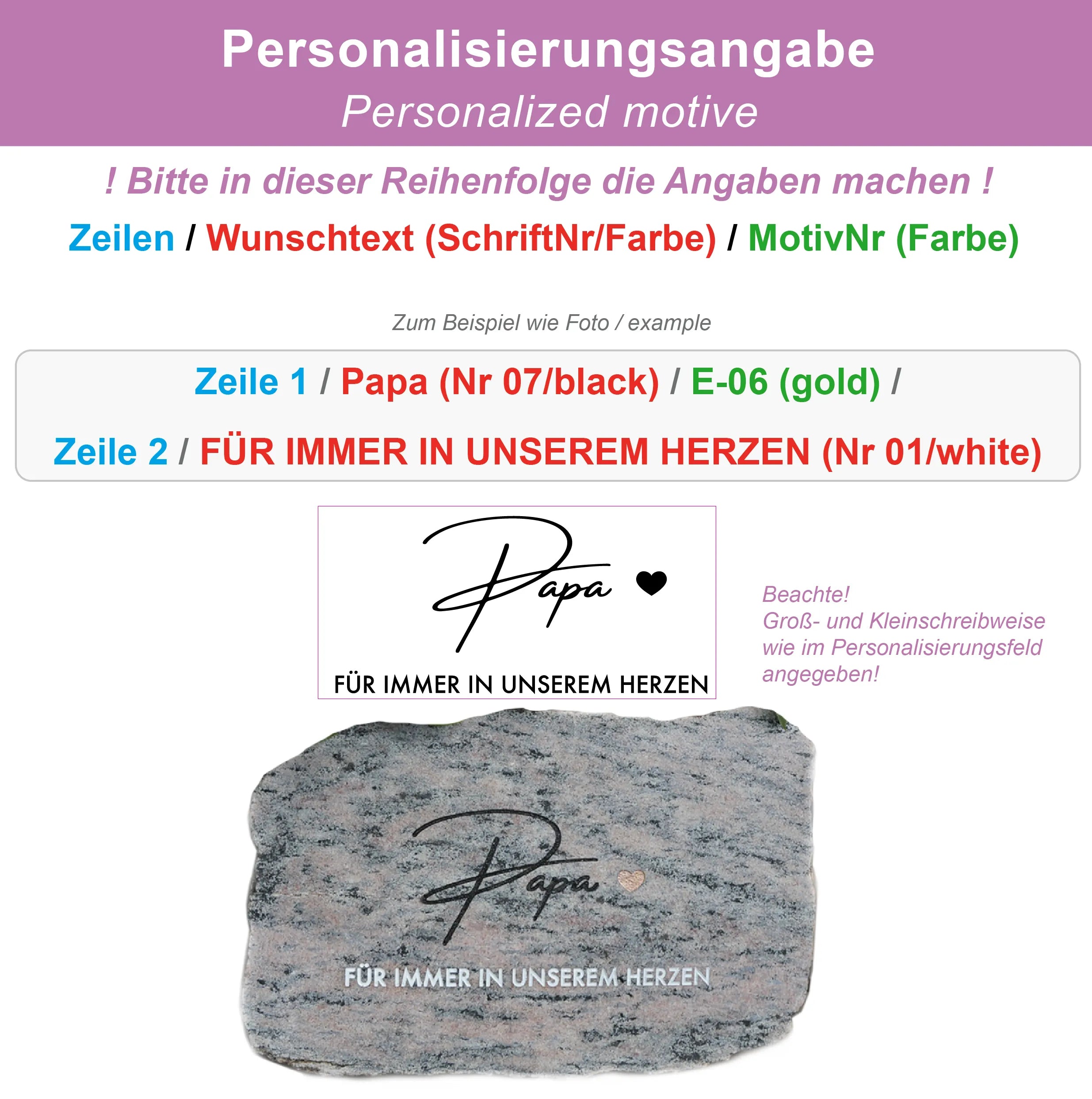 Info zur Personalisierungsangabe für die Bestellung eines Natursteins als Tiergrab. Das Motiv kann zusammengesetzt werden aus dem Wunschtext mit Wahlschrift und Wahlmotives