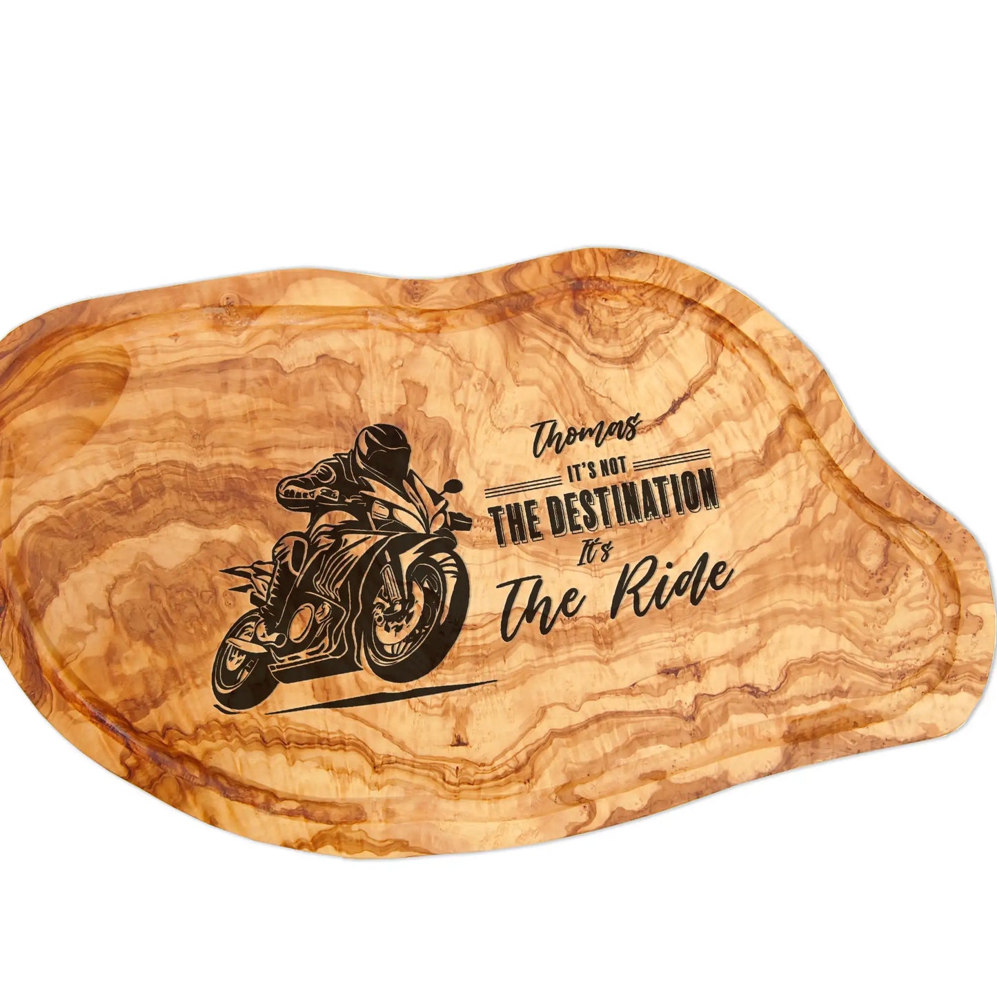 Schneide- und Tranchierbrett aus Olivenholz mit personalisierter Gravur BBQ-Motiv It's not a the destination - it's the ride und mit dem Wunschnamen über dem englischen Text