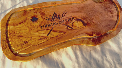 ON FIRE - personalized engraving on an olive wood board