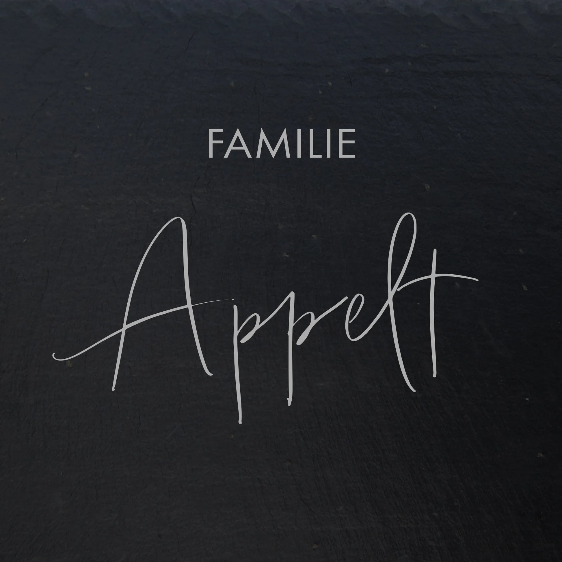 Das Namensschild Türschild "Appelt" aus Schiefer mit einer modernen Handschrift in den Größen 15 x 15 cm, 20 x 15 cm, 26 x 16 cm, 26 x 16 cm und 30 x 20 cm.
